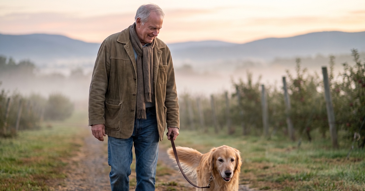 An older man walks his golden retriever through a misty orchard at dawn, mindful of ketamine therapy safety guidance in Winchester, VA.