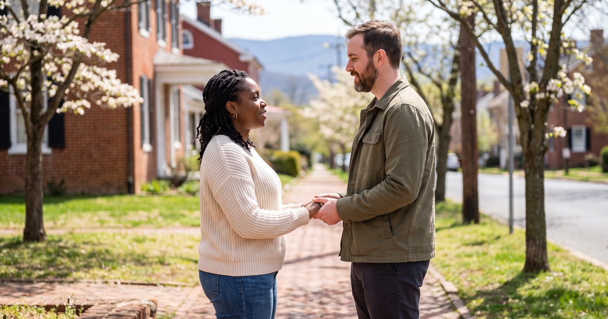 A couple holds hands on a blossom-lined sidewalk in spring, weighing ketamine therapy against talk therapy in Winchester, VA.