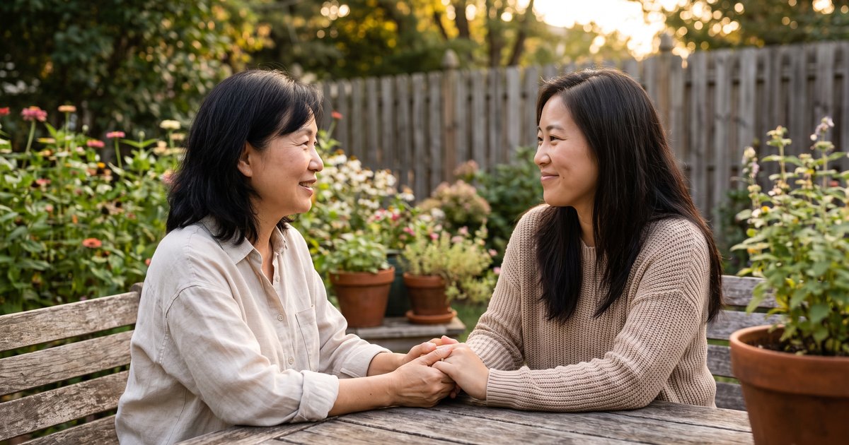 A mother and daughter share a warm moment in the garden, staying connected through bipolar treatment support in Winchester, VA.